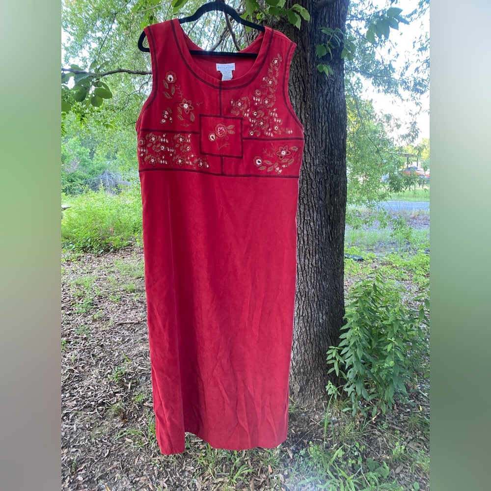 Vintage Red Botanical Embroidered Maxi Dress, Size 16/18